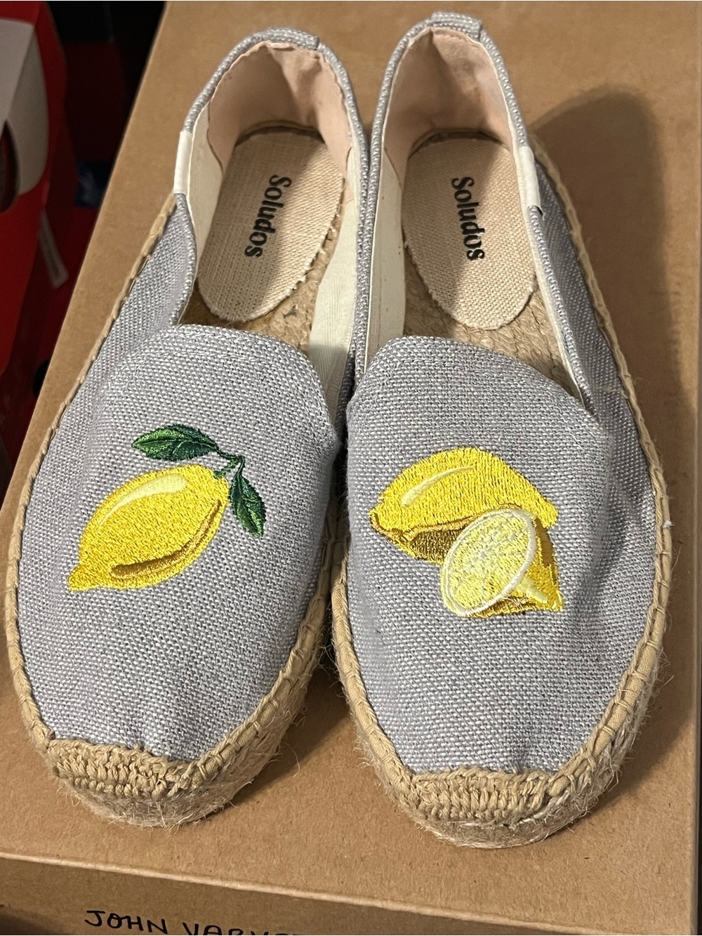 Soludos Light Blue Denim Espadrilles with Yellow Lemon Embroidery